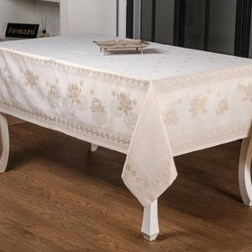 Finezza 160x220 cm Nilüfer Lüx Jakar Kumaş Bej Dikdörtgen Masa Örtüsü