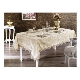 Finezza 160x220 cm Pera Lüx Dantelli Kadife Kumaş Bej Dikdörtgen Masa Örtüsü
