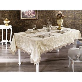 Finezza 160x220 cm Pera Lüx Dantelli Kadife Kumaş Bej Dikdörtgen Masa Örtüsü