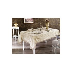 Finezza 160x220 cm Pera Lüx Dantelli Kadife Kumaş Bej Dikdörtgen Masa Örtüsü
