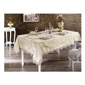 Finezza 160x220 cm Pera Lüx Dantelli Kadife Kumaş Bej Dikdörtgen Masa Örtüsü