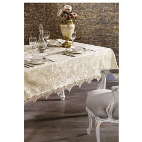 Finezza 160x220 cm Pera Lüx Dantelli Kadife Kumaş Bej Dikdörtgen Masa Örtüsü