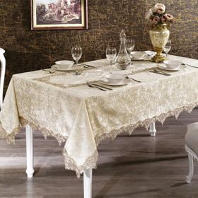 Finezza 160x220 cm Pera Lüx Dantelli Kadife Kumaş Bej Dikdörtgen Masa Örtüsü