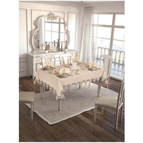 Finezza 160x230 cm 17 Parça 8 Kişilik Ahsen Güpürlü Keten Kumaş Krem Sofra Takımı