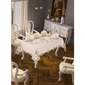 Finezza 160x230 cm 17 Parça 8 Kişilik Anka Güpürlü Keten Krem Sofra Takımı