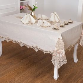 Finezza 160x230 cm 17 Parça 8 Kişilik Henna Güpürlü Keten Bej Sofra Takımı