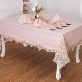 Finezza 160x230 cm 17 Parça 8 Kişilik Henna Güpürlü Keten Pudra Sofra Takımı
