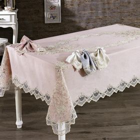 Finezza 160x230 cm 17 Parça 8 Kişilik Masal Güpürlü Keten Pudra Sofra Takımı