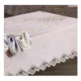Finezza 160x230 cm 17 Parça 8 Kişilik Masal Lüx Dantelli Simli Keten Kumaş Krem Dikdörtgen Sofra Takımı