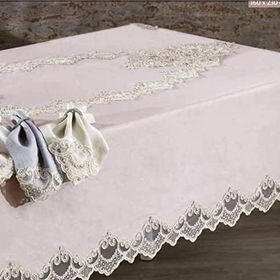 Finezza 160x230 cm 17 Parça 8 Kişilik Masal Lüx Dantelli Simli Keten Kumaş Krem Dikdörtgen Sofra Takımı