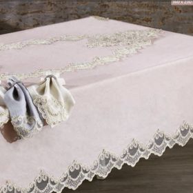 Finezza 160x230 cm 17 Parça 8 Kişilik Masal Lüx Dantelli Simli Keten Kumaş Krem Dikdörtgen Sofra Takımı