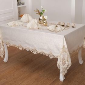 Finezza 160x230 cm 17 Parça 8 Kişilik Perla Güpürlü Keten Bej Sofra Takımı