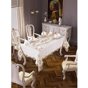 Finezza 160x230 cm 17 Parça 8 Kişilik Perla Güpürlü Keten Krem Sofra Takımı