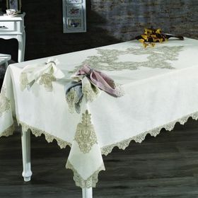 Finezza 160x230 cm 17 Parça Venüs Dantelli Keten Bej 8 Kişilik Sofra Takımı