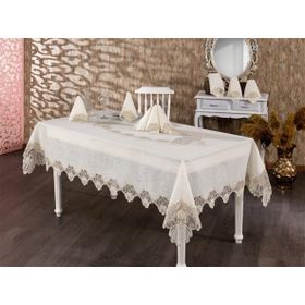 Finezza 160x230 cm 17 Parça Verda Güpürlü Keten Krem 8 Kişilik Sofra Takımı