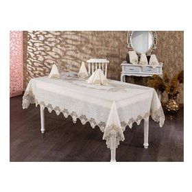 Finezza 160x230 cm 17 Parça Verda Güpürlü Keten Krem 8 Kişilik Sofra Takımı