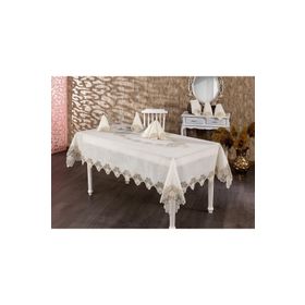 Finezza 160x230 cm 17 Parça Verda Güpürlü Keten Krem 8 Kişilik Sofra Takımı