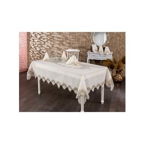 Finezza 160x230 cm 17 Parça Verda Güpürlü Keten Krem 8 Kişilik Sofra Takımı