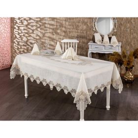 Finezza 160x230 cm 17 Parça Verda Güpürlü Keten Krem 8 Kişilik Sofra Takımı