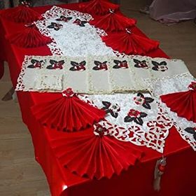 Finezza 160x230 cm 34 Parça 8 Kişilik Afife Kadife Krem Kırmızı Sofra Takımı