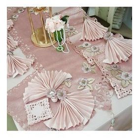 Finezza 160x230 cm 34 Parça 8 Kişilik Afife Kadife Monoray Kumaş Pudra Dikdörtgen Sofra Takımı