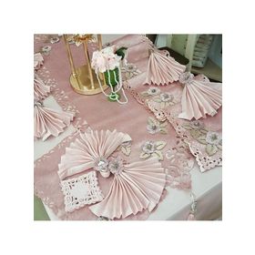 Finezza 160x230 cm 34 Parça 8 Kişilik Afife Kadife Monoray Kumaş Pudra Dikdörtgen Sofra Takımı