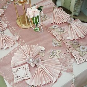 Finezza 160x230 cm 34 Parça 8 Kişilik Afife Kadife Monoray Kumaş Pudra Dikdörtgen Sofra Takımı