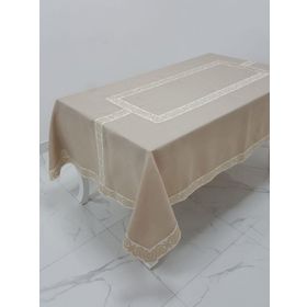 Finezza 160x230 cm Antik Lüx Jakar Bordürlü Keten Kumaş Bej Dikdörtgen Masa Örtüsü