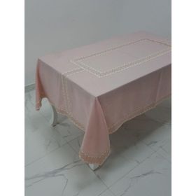 Finezza 160x230 cm Antik Lüx Jakar Bordürlü Keten Kumaş Pudra Dikdörtgen Masa Örtüsü