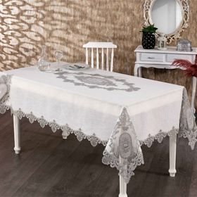 Finezza 160x230 cm Asya Lüx Dantelli Simli Keten Kumaş Krem Dikdörtgen Masa Örtüsü