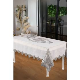 Finezza 160x230 cm Asya Lüx Dantelli Simli Keten Kumaş Krem Dikdörtgen Masa Örtüsü