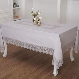 Finezza 160x230 cm Esra Lüx Dantelli Keten Kumaş Gri Dikdörtgen Masa Örtüsü
