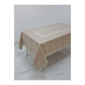 Finezza 160x230 cm Gonca Lüx Jakar Bordürlü Keten Kumaş Bej Dikdörtgen Masa Örtüsü
