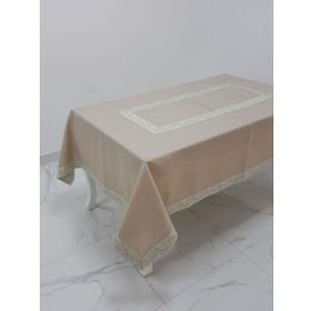 Finezza 160x230 cm Gonca Lüx Jakar Bordürlü Keten Kumaş Bej Dikdörtgen Masa Örtüsü
