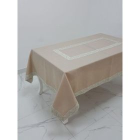 Finezza 160x230 cm Gonca Lüx Jakar Bordürlü Keten Kumaş Bej Dikdörtgen Masa Örtüsü