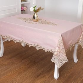 Finezza 160x230 cm Henna Lüx Dantelli Simli Keten Kumaş Pudra Dikdörtgen Masa Örtüsü