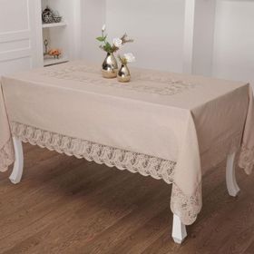 Finezza 160x230 cm Narin Lüx Dantelli Keten Kumaş Bej Masa Örtüsü