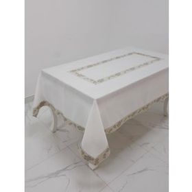 Finezza 160x230 cm Nergis Lüx Jakar Bordürlü Keten Kumaş Krem Dikdörtgen Masa Örtüsü