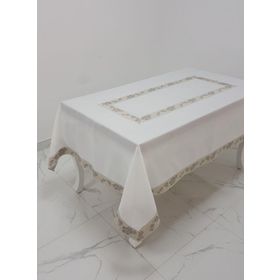 Finezza 160x230 cm Nergis Lüx Jakar Bordürlü Keten Kumaş Krem Dikdörtgen Masa Örtüsü