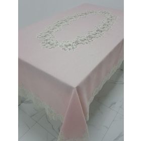 Finezza 160x230 cm Nihal Lüx Dantelli Simli Keten Kumaş Pudra Dikdörtgen Masa Örtüsü