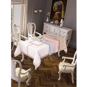 Finezza 160x230 cm Oslo Lüx Jakar Bordürlü Keten Kumaş Krem Dikdörtgen Masa Örtüsü