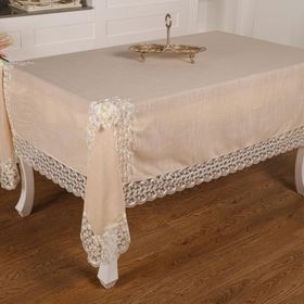 Finezza 170x230 cm Fedora Lüx Dantelli Taş Keten Kumaş Koyu Krem Dikdörtgen Masa Örtüsü