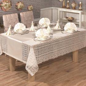 Finezza 170x280 cm 17 Parça 8 Kişilik Mimoza Lüx Dantelli Monoray Kumaş Krem Dikdörtgen Sofra Takımı