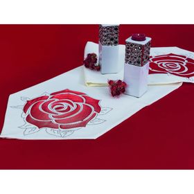 Finezza 390 40x160 cm Runnerlinen Taşlı ve Gül Baskı Keten Kreme Kırmızı Runner