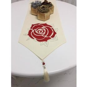 Finezza 390 40x160 cm Runnerlinen Taşlı ve Gül Baskı Keten Kreme Kırmızı Runner