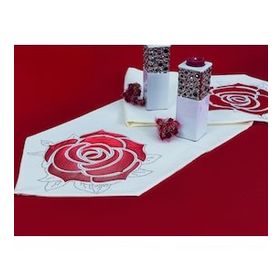Finezza 390 40x160 cm Runnerlinen Taşlı ve Gül Baskı Keten Kreme Kırmızı Runner