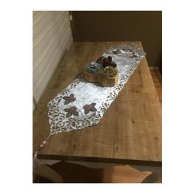 Finezza 40x140 cm Mina Kadife Kumaş Lazer Kesim Çiçek Süslemeli Gümüş Pudra Runner