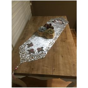 Finezza 40x140 cm Mina Kadife Kumaş Lazer Kesim Çiçek Süslemeli Gümüş Pudra Runner