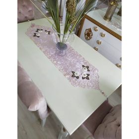 Finezza 40x140 cm Mina Kadife Kumaş Lazer Kesim Çiçek Süslemeli Pudra Krem Runner