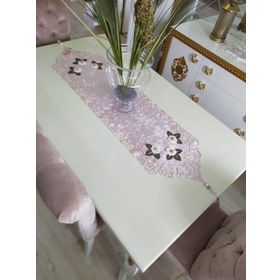 Finezza 40x140 cm Mina Kadife Kumaş Lazer Kesim Çiçek Süslemeli Pudra Krem Runner